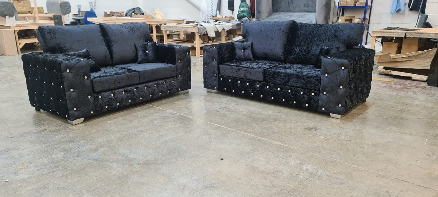 Milton 3 Seater & 2 Seater - Black Crushed Velvet Fullback - Sofa Empire UK