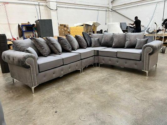 Olympia Corner 6 Seater With Triangle Legs - Grey Scatterback - Sofa Empire UK