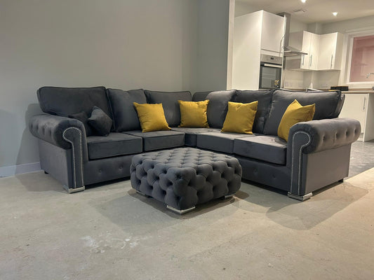 Olympia Corner - Grey Fullback + Footstool - Sofa Empire UK